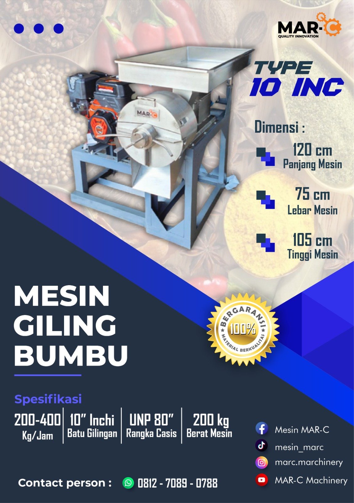Mesin Penggiling Bumbu MAR-C Tipe 10 Inci MAR-C