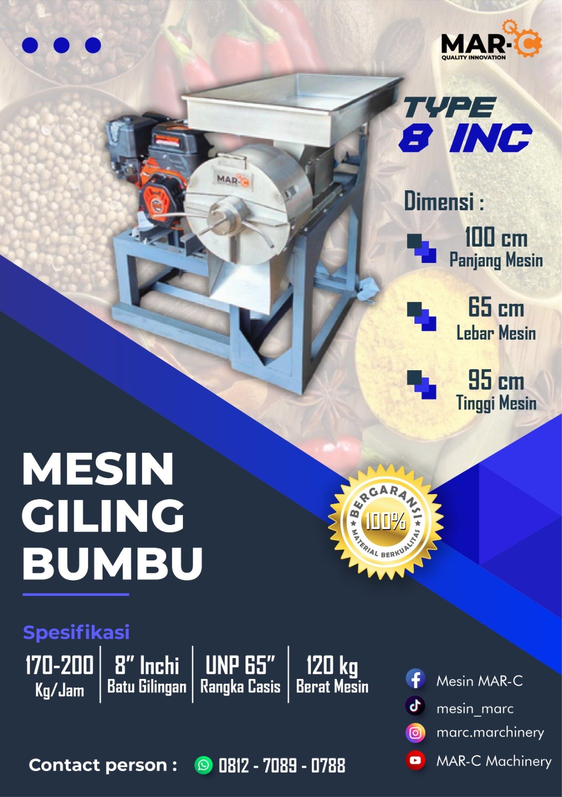 Mesin Penggiling Bumbu MAR-C Tipe 8 Inci MAR-C