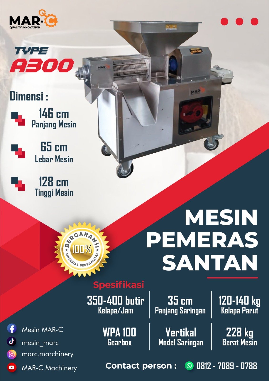 Mesin Pemeras Santan MAR-C Tipe A300 MAR-C